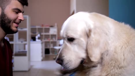 Closeup-veterinario-perro-reunión-paciente-en-clínica-de-cuidado-de-mascotas