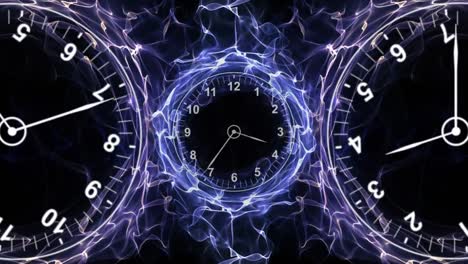 Three-Clocks-in-Fibers-Ring,-Time-Travel-Concept,-Background,-Loop,-4k