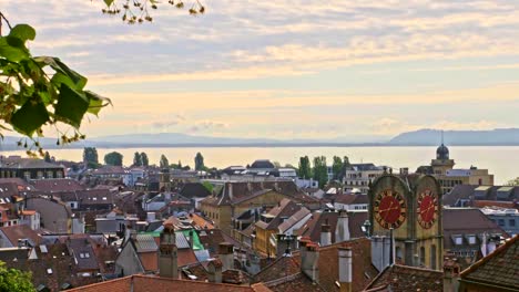 view-of-Vintage-Bell-Tower-in-Neuchatel,-Switzerland