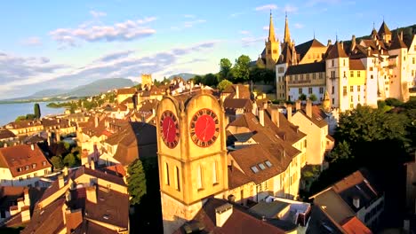 aerial-view-of-Vintage-Bell-Tower-in-Neuchatel,-Switzerland