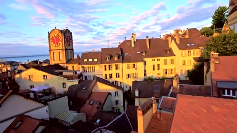 aerial-view-of-Vintage-Bell-Tower-in-Neuchatel,-Switzerland