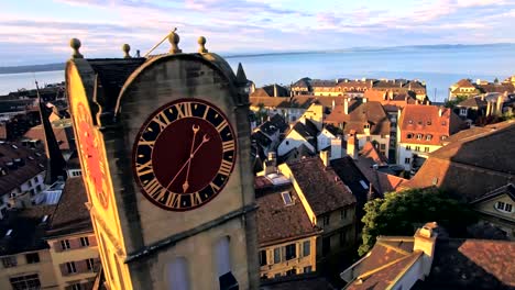 aerial-view-of-Vintage-Bell-Tower-in-Neuchatel,-Switzerland