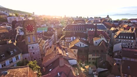 aerial-view-of-Vintage-Bell-Tower-in-Neuchatel,-Switzerland