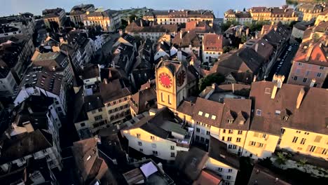 aerial-view-of-Vintage-Bell-Tower-in-Neuchatel,-Switzerland