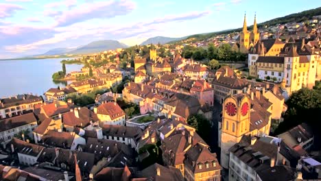 aerial-view-of-Vintage-Bell-Tower-in-Neuchatel,-Switzerland