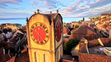 aerial-view-of-Vintage-Bell-Tower-in-Neuchatel,-Switzerland