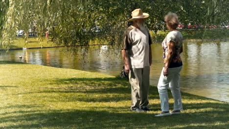 Altes-Ehepaar-trifft-sich-mit-Freunden-am-See-im-park