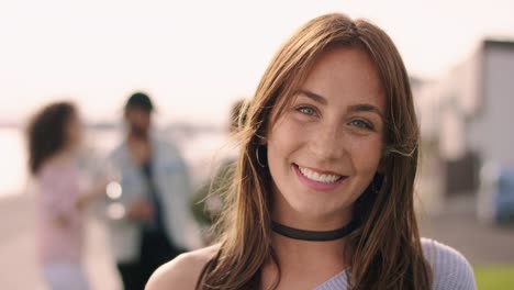 Young-brown-haired-woman-smiling-with-friends-in-the-background