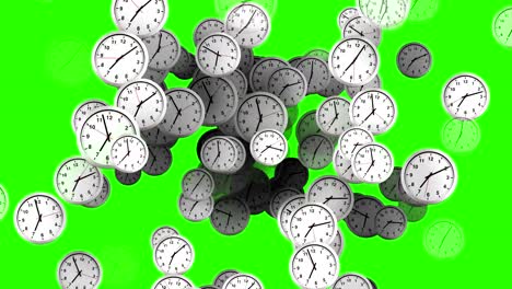 many-clocks-flowing,-time-to-wake-up-for-breakfast,-modern-white-metallic-alarm-clock-on-chroma-key-green-screen-background