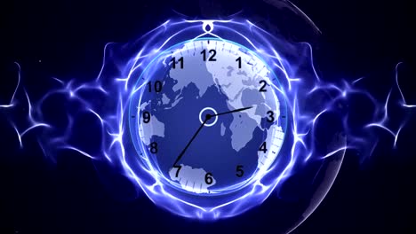 Clock-and-Earth-in-Fibers-Animation,-Rendering,-Time-Travel-Concept,-Background,-Loop