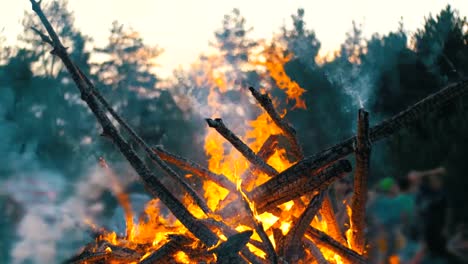 Gran-fogata-de-la-quemadura-de-ramas-en-la-noche-en-el-bosque-en-el-fondo-de-las-personas