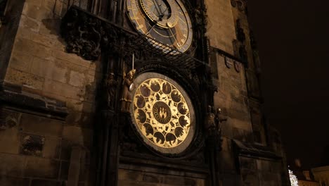 Highly-detailed-famous-astronomical-clock-in-Czechia-3840X2160-UHD-tilting-footage---Lighted-Prague-orloj-by-night-in-Czech-Republic-capital-slow-tilt-2160p-UltraHD-video