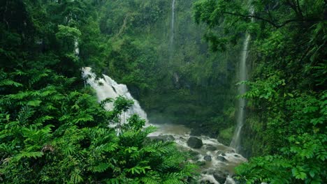 Amazing-waterfall-in-tropical-rain-forest-on-the-road-to-Hana-in-Maui,-Hawaii