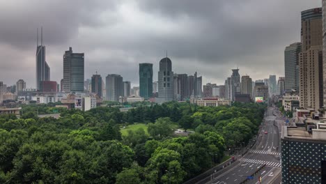 china-storm-sky-shanghai-city-park-traffic-street-roof-top-panorama-4k-time-lapse