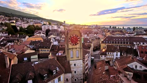 aerial-view-of-Vintage-Bell-Tower-in-Neuchatel,-Switzerland