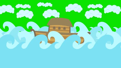 Noahs-Ark-Floating-In-The-Middle-Of-The-Sea-With-Cloudy-Sky-On-A-Green-Screen