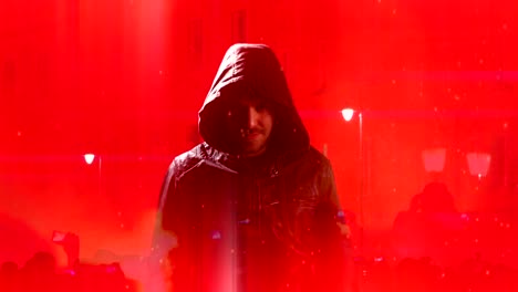 Hooded-Devil-Man,-Dark-Demon-Face,-Red-Fire-Smoking-Background