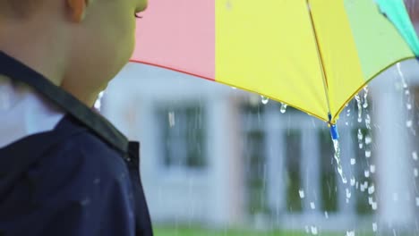 Junge-mit-Schirm-fangen-Regentropfen
