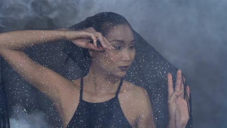 Smoke-Tan-Skin-Asian-Woman-black-hair-dark-lip-with-Dense-Fluffy-Puffs-of-White-Smoke-and-Fog