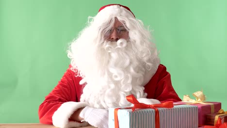 Santa-Claus-showing-like-sign-and-shakes-his-head,-chromakey-in-background