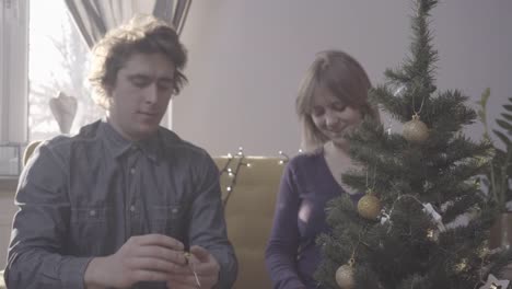 Young-couple-decorating-Christmas-tree