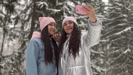 Two-young-girlfriends-in-winter-clothes-taking-selfie-against-the-background-of-the-winter-forest-using-a-smartphone-and-smiling.-4K