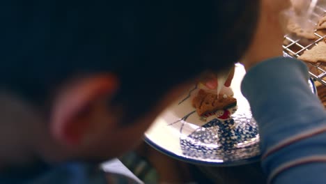 Close-up-of-boy-decorating-christmas-tree-shaped-gingerbread-cookie-with-icing