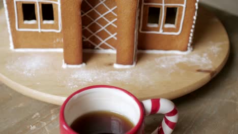 Schöne-Frau-mit-Winteroutfit-Teetrinken-mit-Lebkuchen-zu-Hause-in-der-Nähe-von-Christmas-tree