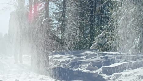 Junge-Mutter-auf-Schlitten-durch-den-Winterwald-ziehen