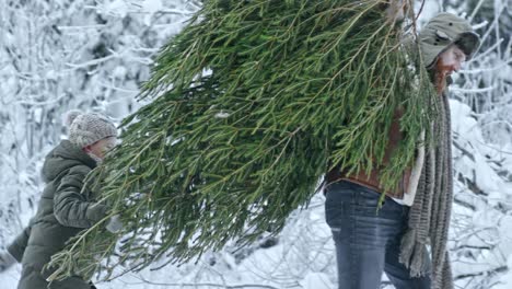 Vater-und-Sohn-läuft-mit-Weihnachtsbaum