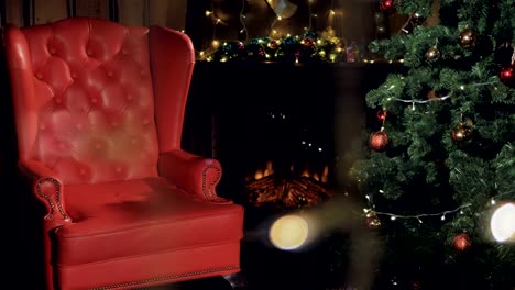 Weihnachten-Kamin.-Santa-Claus-Stuhl-neben-Weihnachtsbaum.-4K.