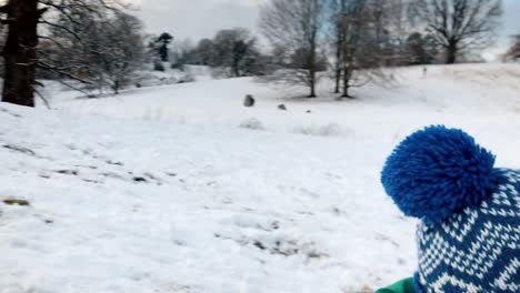 Young-boy-falling-off-a-snowy-sledge