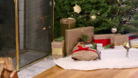 Pan-of-a-fireplace-and-christmas-presents-sitting-under-a-tree