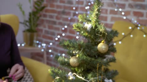 Junge-Frau-dekorieren-Weihnachtsbaum