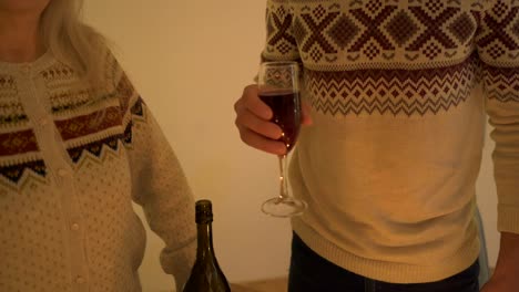 La-familia-feliz-bebiendo-vino-cerca-del-árbol-de-Navidad
