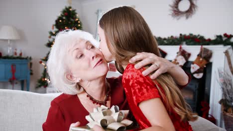 Großmutter-empfangen-Weihnachtsgeschenk-von-Enkelin-zu-Hause