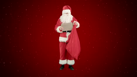 Santa-Claus-with-his-sack-of-lots-of-presents-on-red-background-with-snow