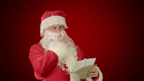 Papá-Noel-leyendo-cartas-de-los-niños-sobre-fondo-rojo-con-nieve