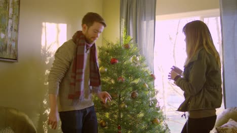 Hombre-joven-y-mujer-poniendo-adornos-en-un-árbol-de-Navidad