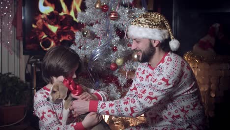 4k-tiro-de-Navidad,-papá-da-un-regalo-cachorro-a-niño