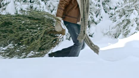 Glückliche-Familie-ziehen-Weihnachtsbaum-im-verschneiten-Wald