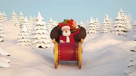 Santa-Claus-conduciendo-por-paisajes-nevados-en-su-trineo.-Vista-frontal.-Bucle-de-animación-en-3d