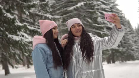 Zwei-junge-Freundinnen-in-Winterkleidung-Selfie-vor-dem-Hintergrund-des-Winters-unter-Wald-mit-einem-Smartphone-und-lächelnd.