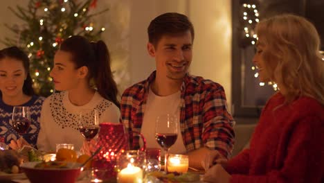 Glückliche-Freunde,-die-Weihnachts-Dinner-zu-Hause