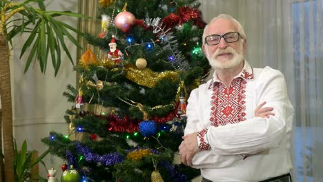 Portrait-of-old-handsome-man-in-embroidery-near-a-Christmas-tree