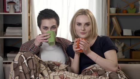 Two-young-lesbian-girls-are-sitting-on-the-couch,-covered-with-a-warm-blanket,-holding-cups-in-their-hands,-drinking-dark-tea,-coffee,-cuddling,-looking-at-the-camera-60-fps