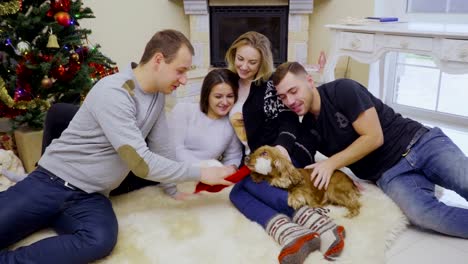 Young-caucasian-guys-and-girls-relax-on-floor-at-home-and-have-fun-with-dog