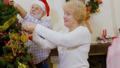 Happy-old-couple-decorate-Christmas-tree-together