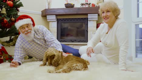 Old-woman-and-man-lie-on-the-carpet-and-stroke-a-dog-near-Christmas-tree