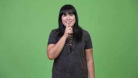Happy-overweight-Asian-woman-with-finger-on-lips